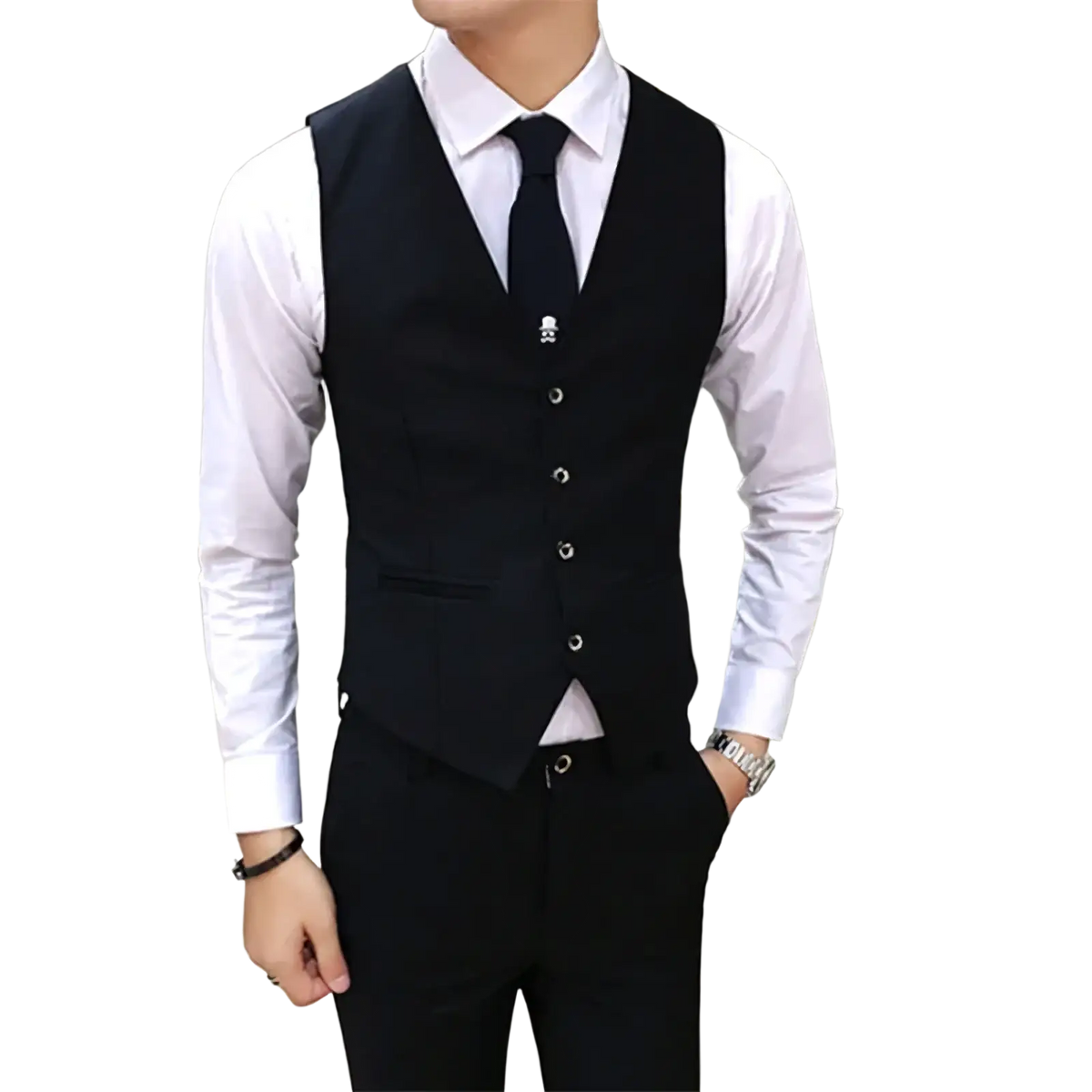 Men’s black formal suit vest slim fit business waistcoat with silver skull buttons and sleek tailored design