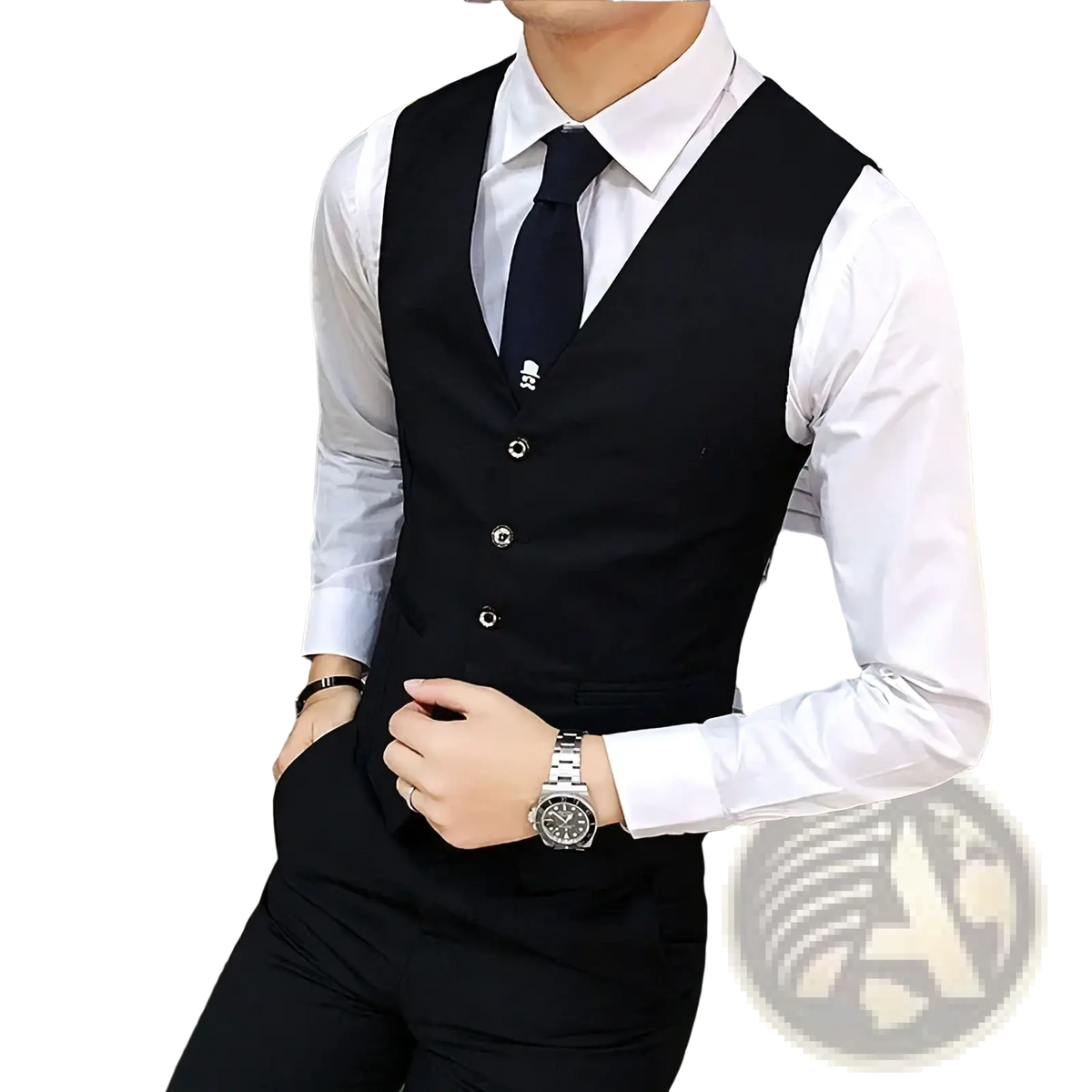 Men’s formal suit vest slim fit black with silver buttons and subtle skull emblem for business wear