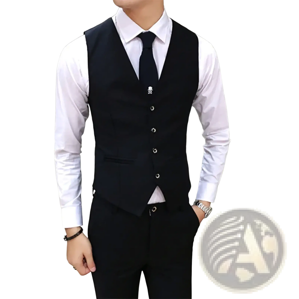 Men’s black formal suit vest slim fit business waistcoat with silver skull buttons and sleek tailored design