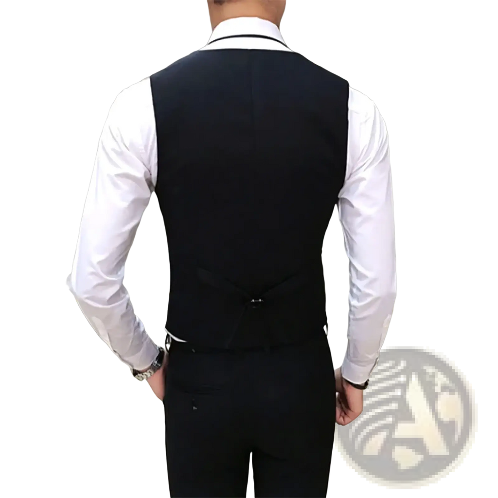 Black tailored men’s formal suit vest with sleek structured design and subtle stitching details for business wear