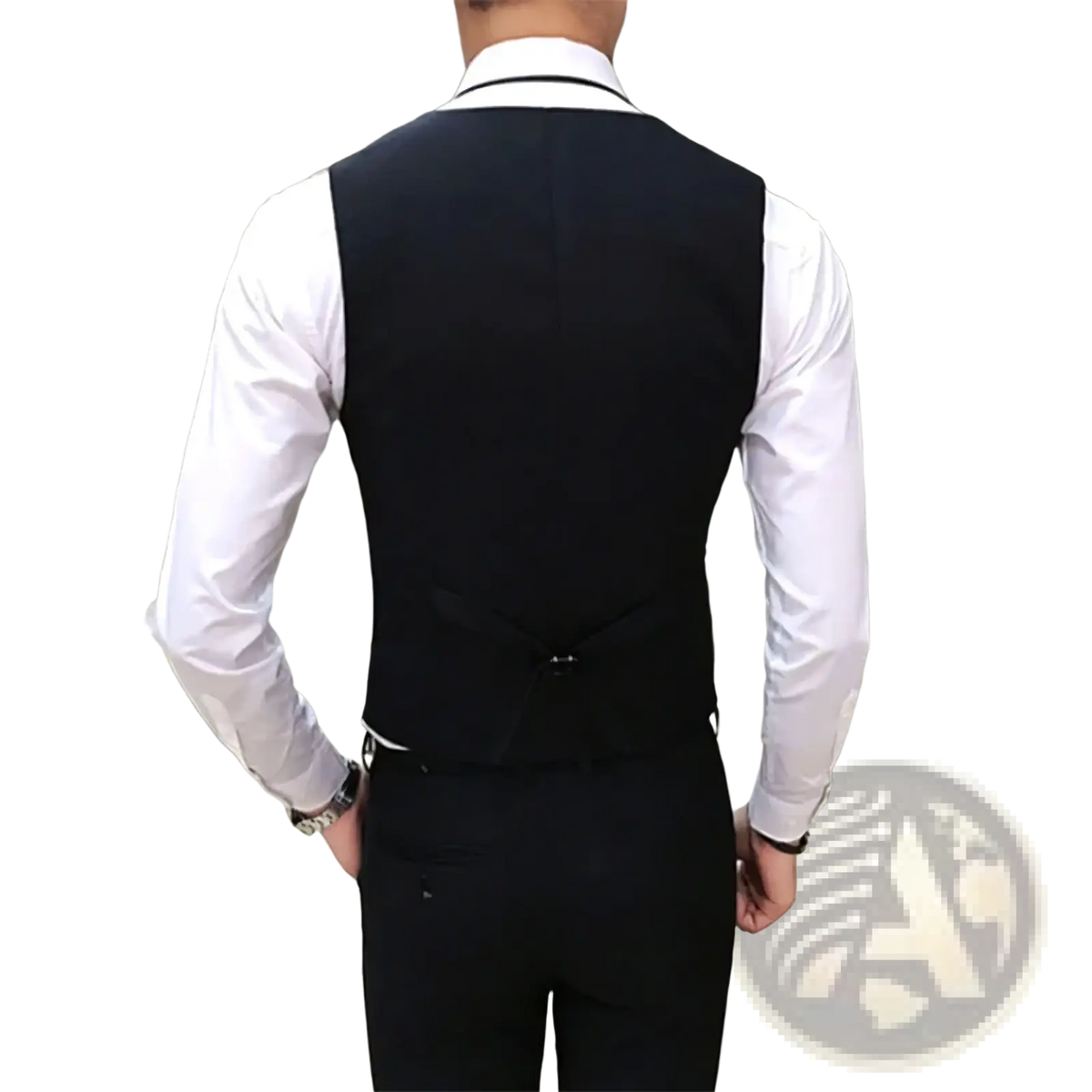 Black tailored men’s formal suit vest with sleek structured design and subtle stitching details for business wear