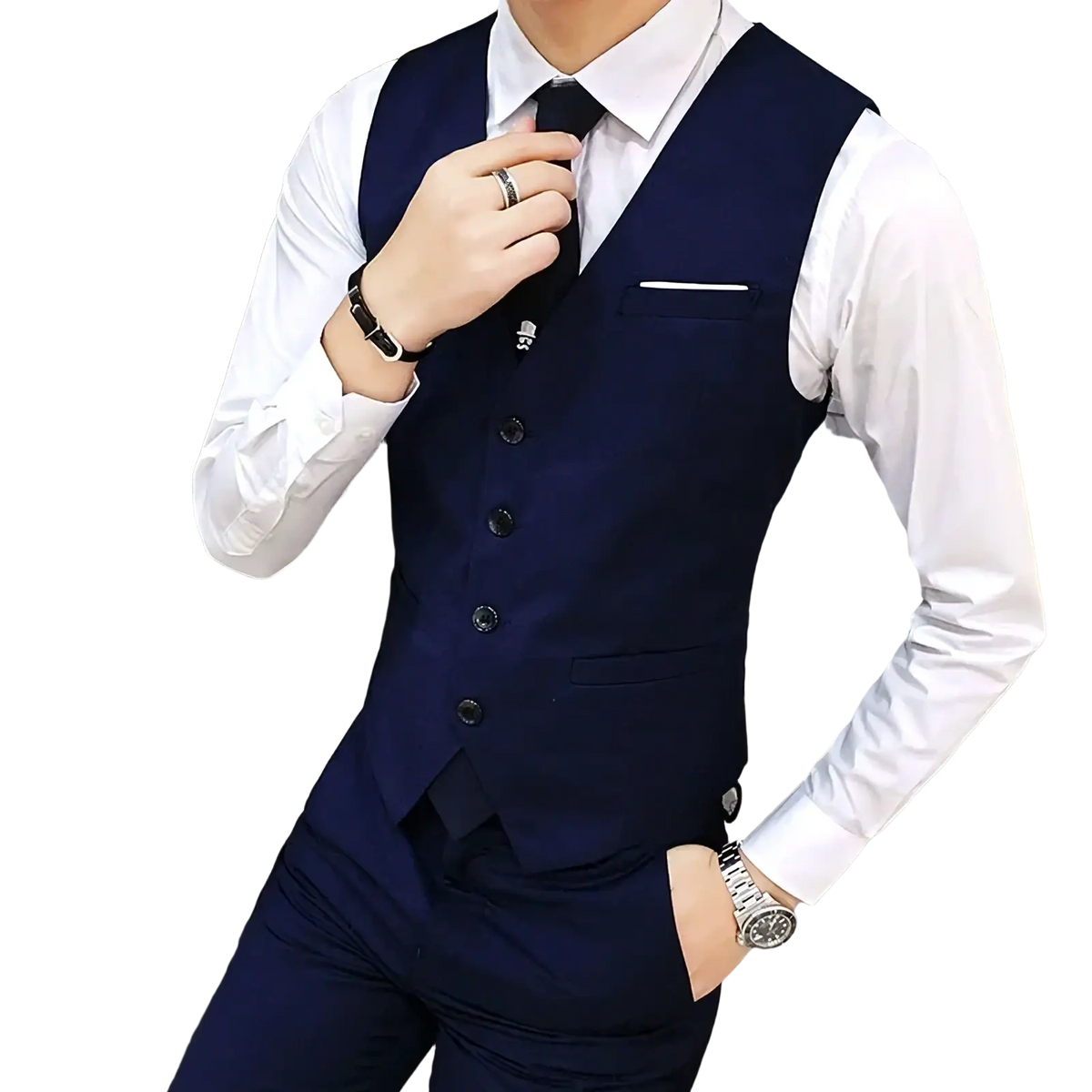 Men’s formal suit vest slim fit business waistcoat in navy blue with black buttons and a white pocket square visible