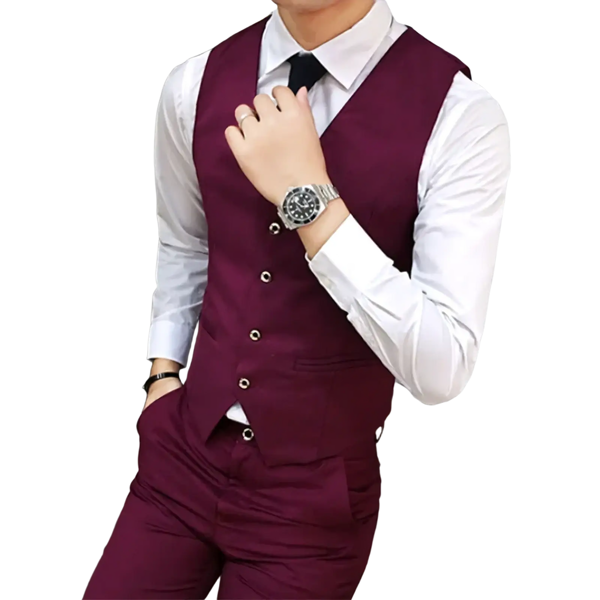 Men’s formal slim fit waistcoat in maroon with tailored fit and silver toned buttons for business attire
