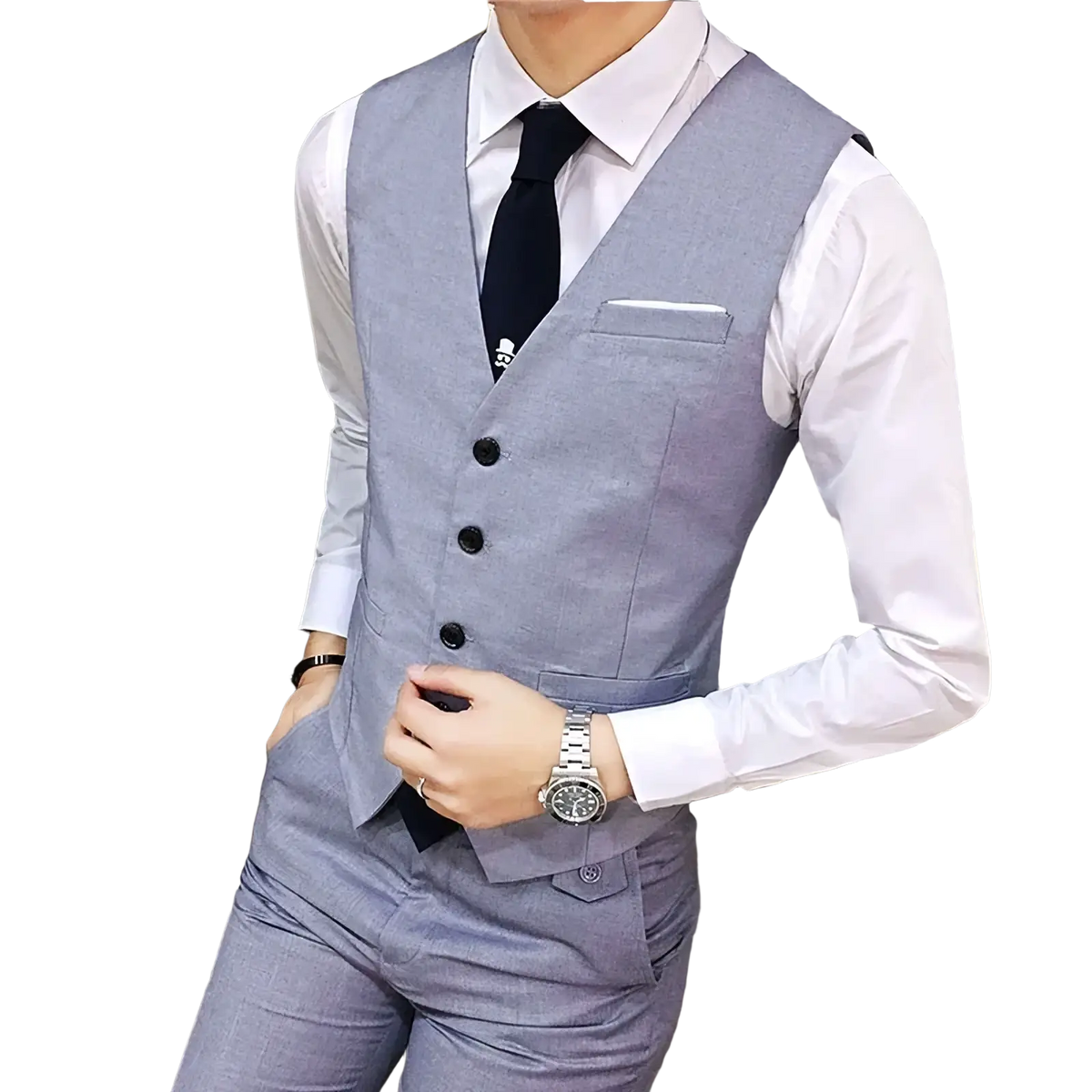 Men’s formal slim fit business waistcoat in light gray with subtle textured weave, three black buttons, and breast pocket