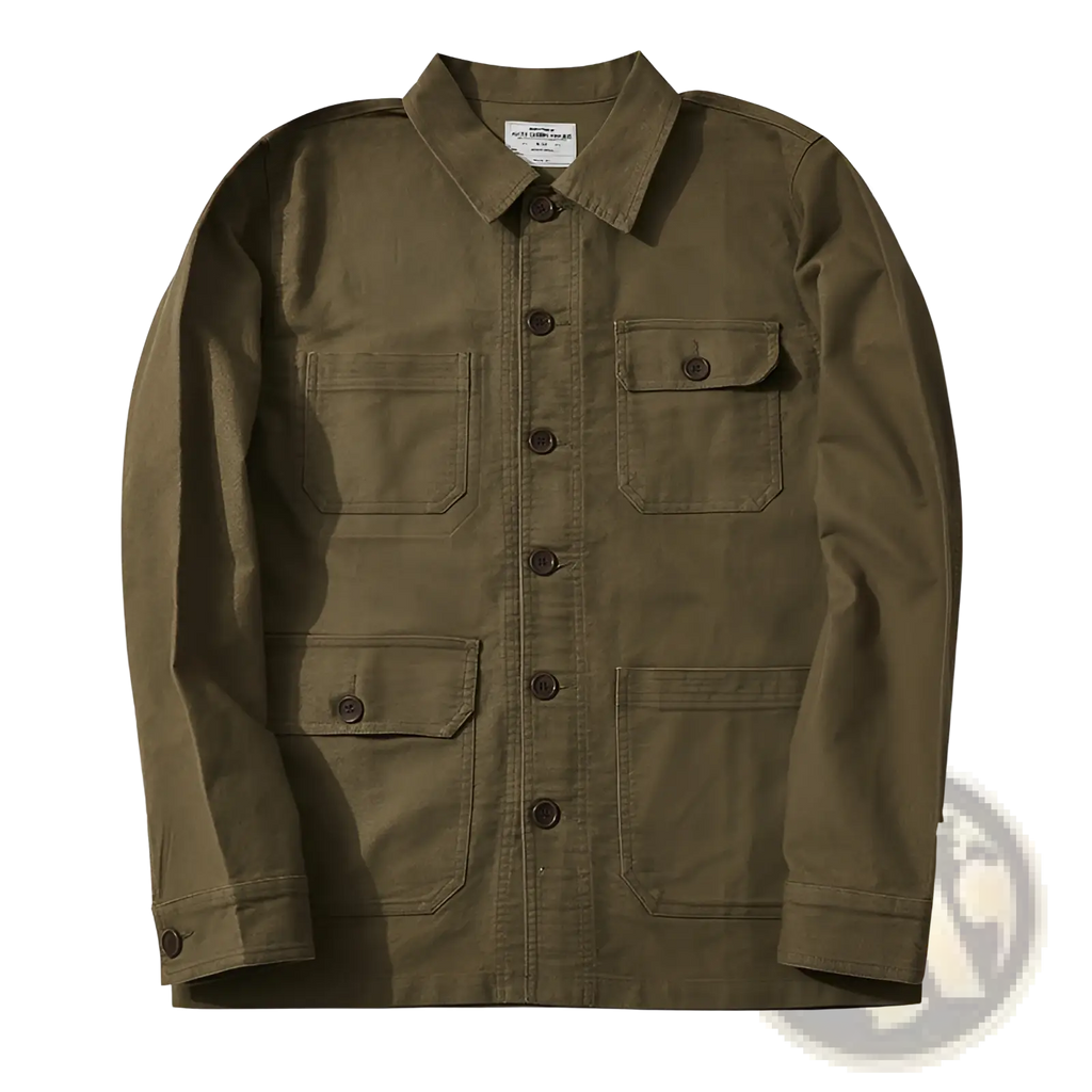 Mens french workwear jacket in olive green canvas with four flap utility pockets and dark brown buttons