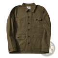 Mens french workwear jacket in olive green canvas with four flap utility pockets and dark brown buttons