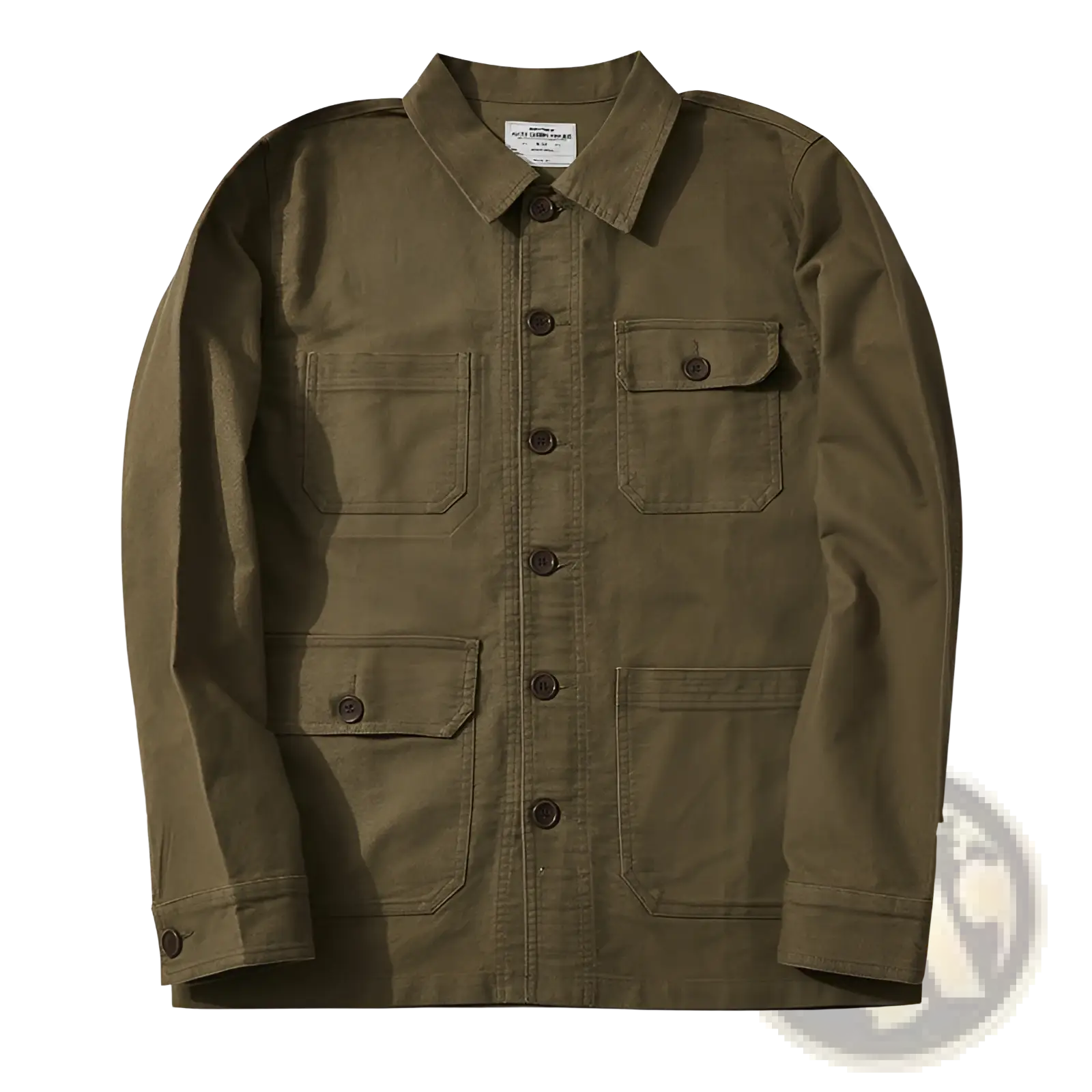 Mens french workwear jacket in olive green canvas with four flap utility pockets and dark brown buttons