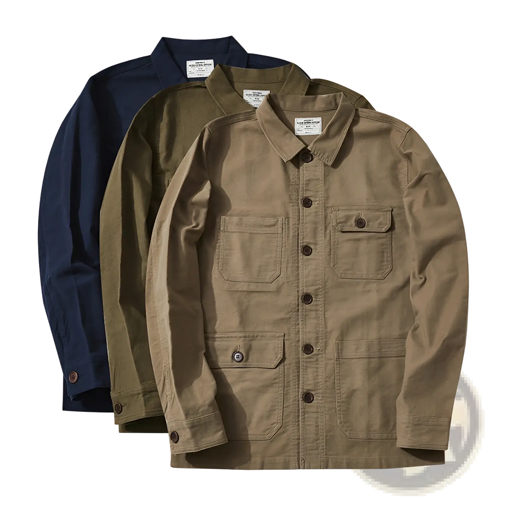 Mens french workwear cotton jacket in tan with brown buttons and two chest utility pockets