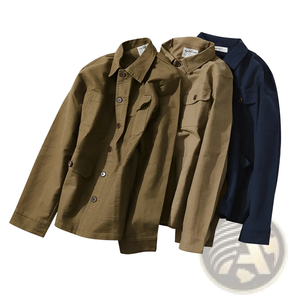 Mens French workwear jacket cotton utility pocket coat featuring tan and navy blue button-up shirts with chest pockets