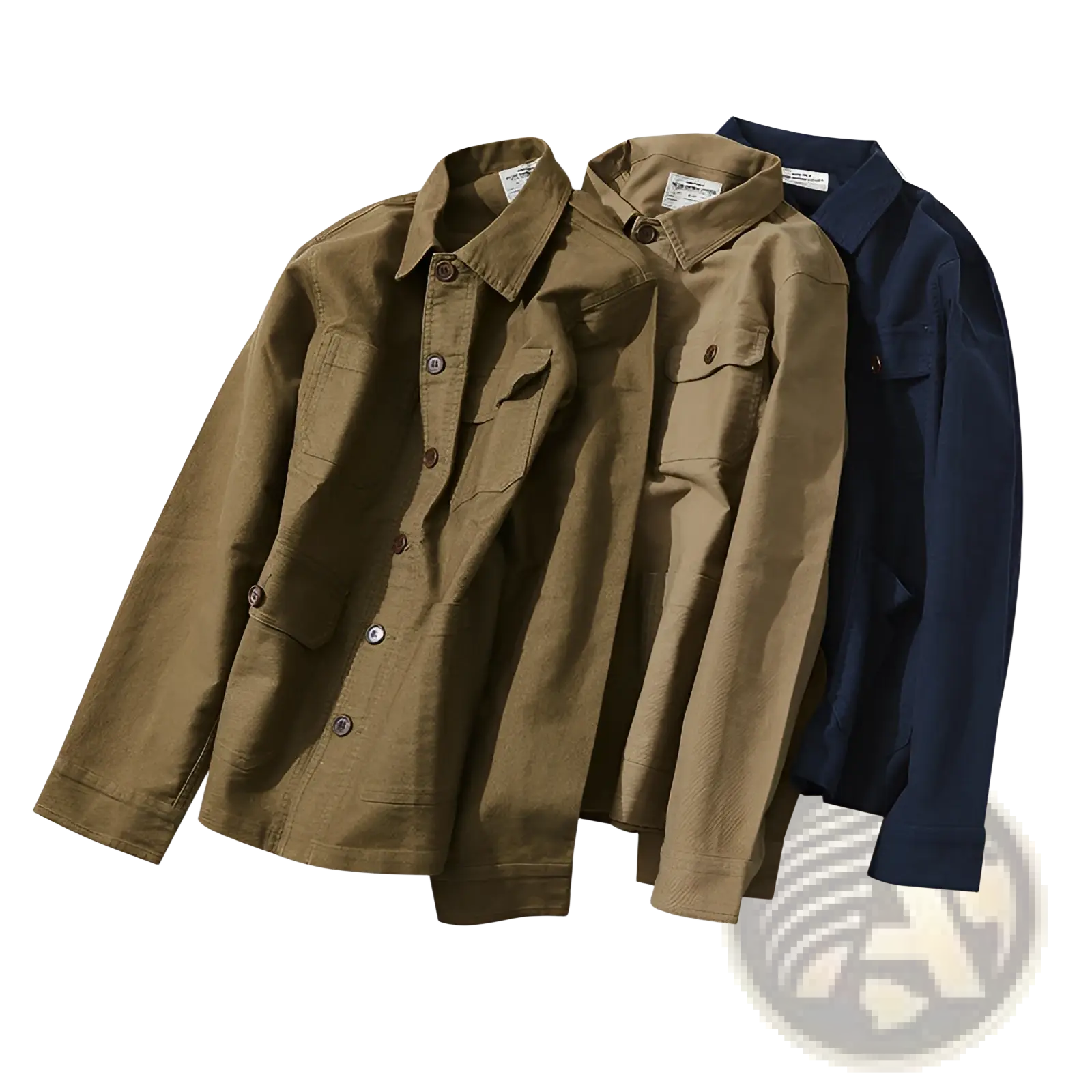 Mens French workwear jacket cotton utility pocket coat featuring tan and navy blue button-up shirts with chest pockets