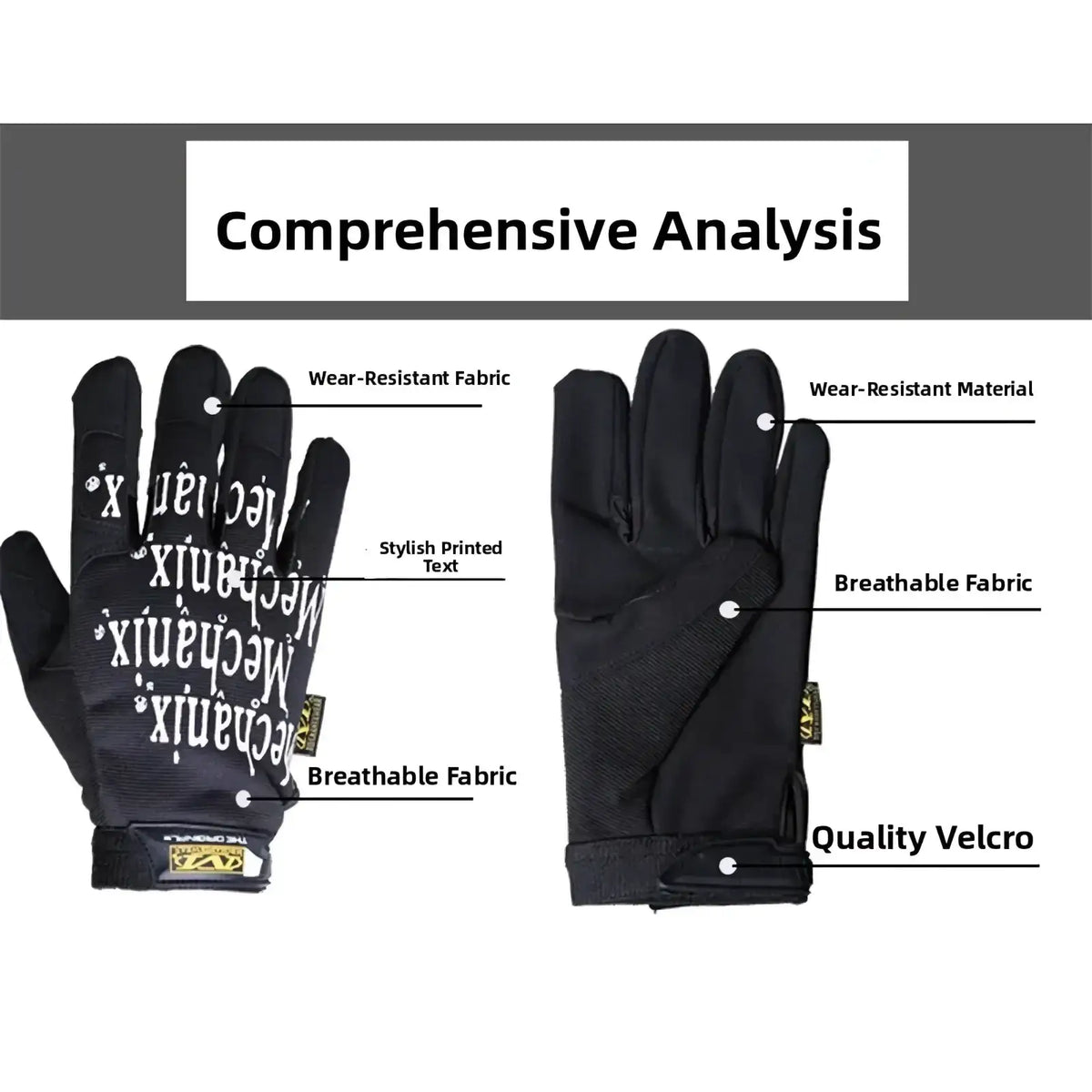 Black men’s full finger motorcycle gloves with white stylized text and reinforced wear-resistant fabric on the back side