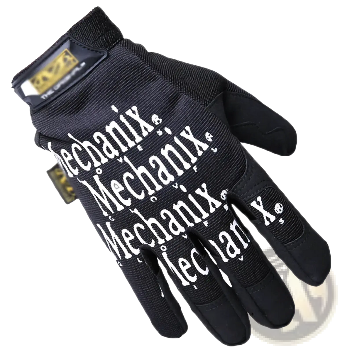 Black mechanix men’s full finger motorcycle gloves with white lettering skull logos and reinforced fabric on the back side