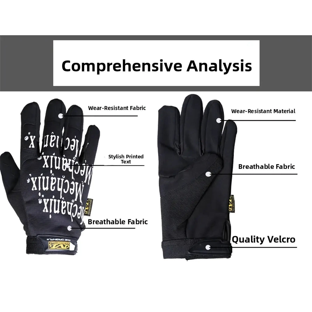 Men’s full finger motorcycle gloves in black with white stylized text and durable breathable fabric construction back side