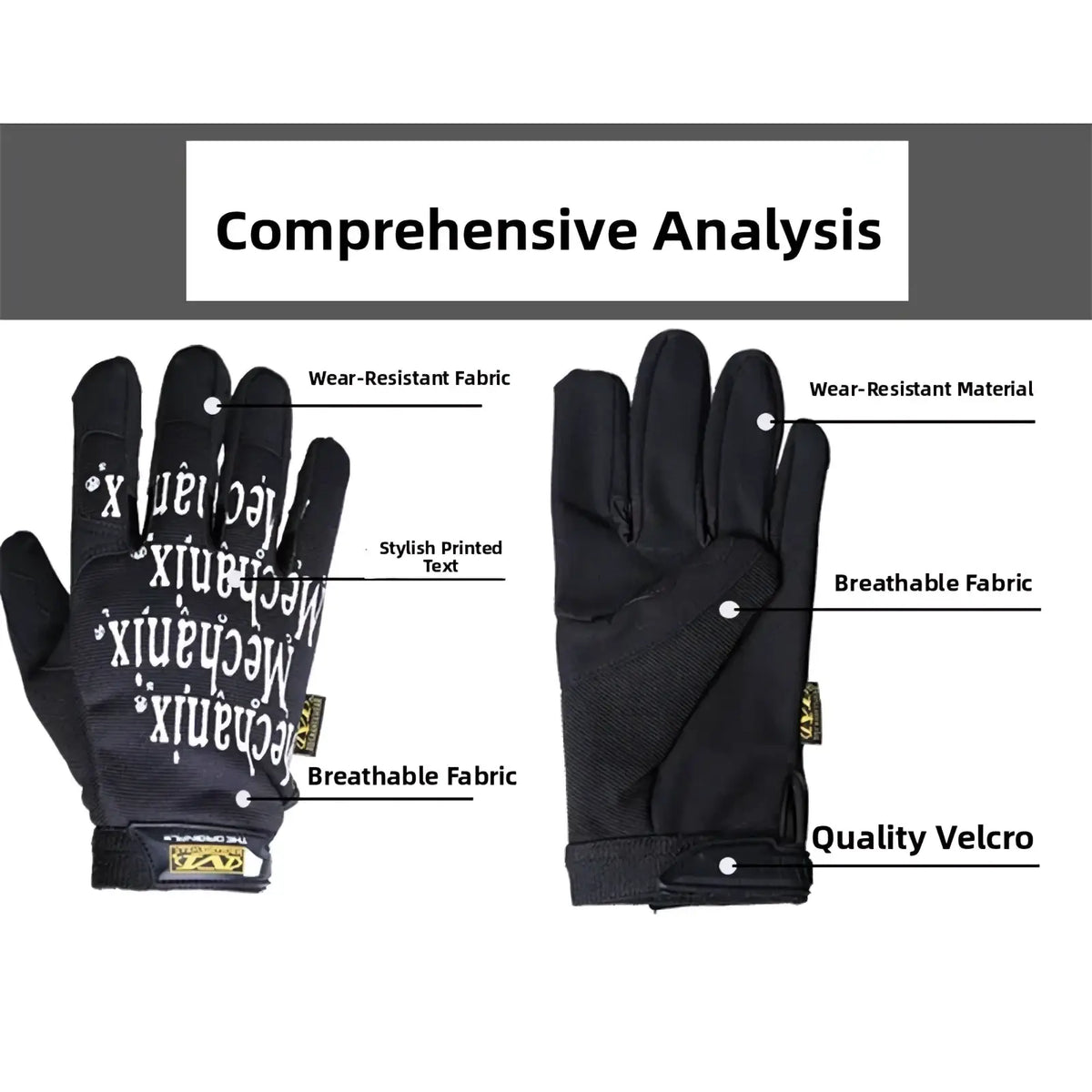Men’s full finger motorcycle gloves in black with white stylized text and durable breathable fabric construction back side