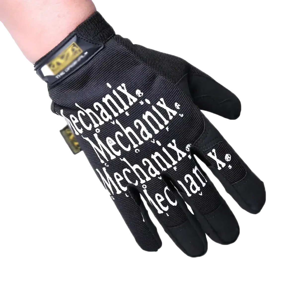 Men’s full finger black Mechanix motorcycle gloves with white branding and reinforced fingertips shown from the back side