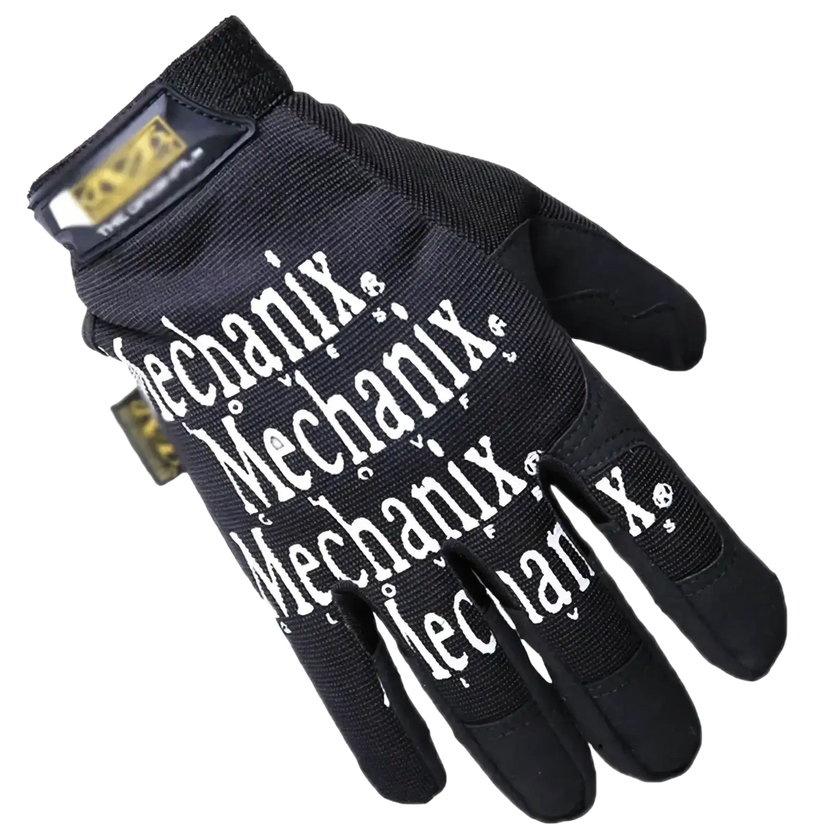 Black mechanix men’s full finger motorcycle gloves showing back with white mechanix lettering and skull logos