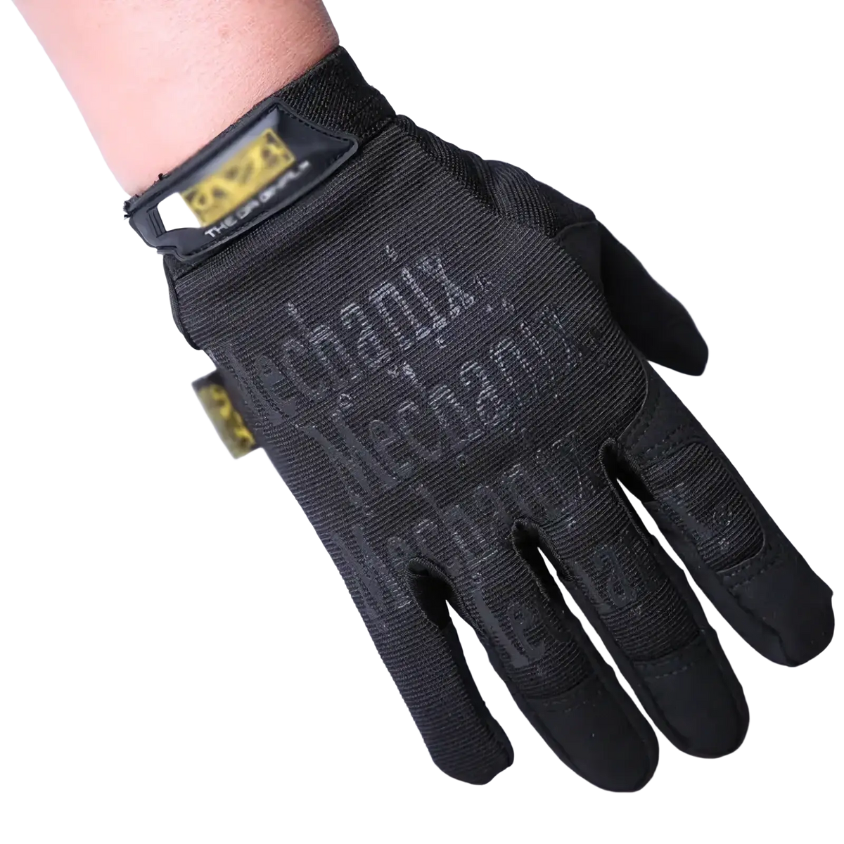 Men’s full finger motorcycle glove in black with reinforced fingers and durable mesh back showing mechanix logo