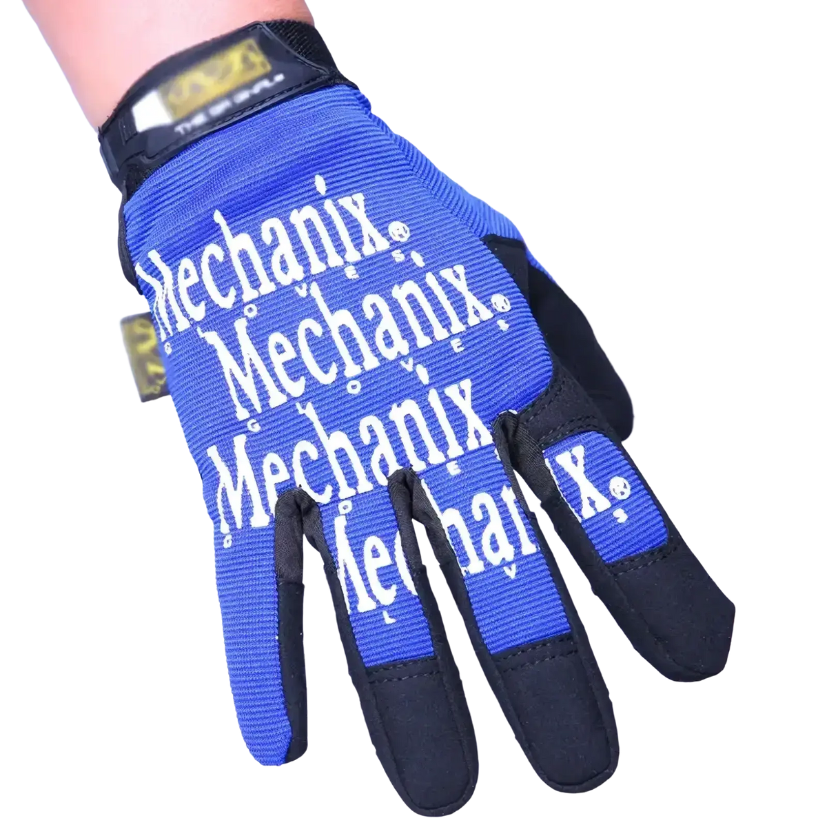 Men’s full finger blue and black mechanix motorcycle gloves with white branding on the back of the hand