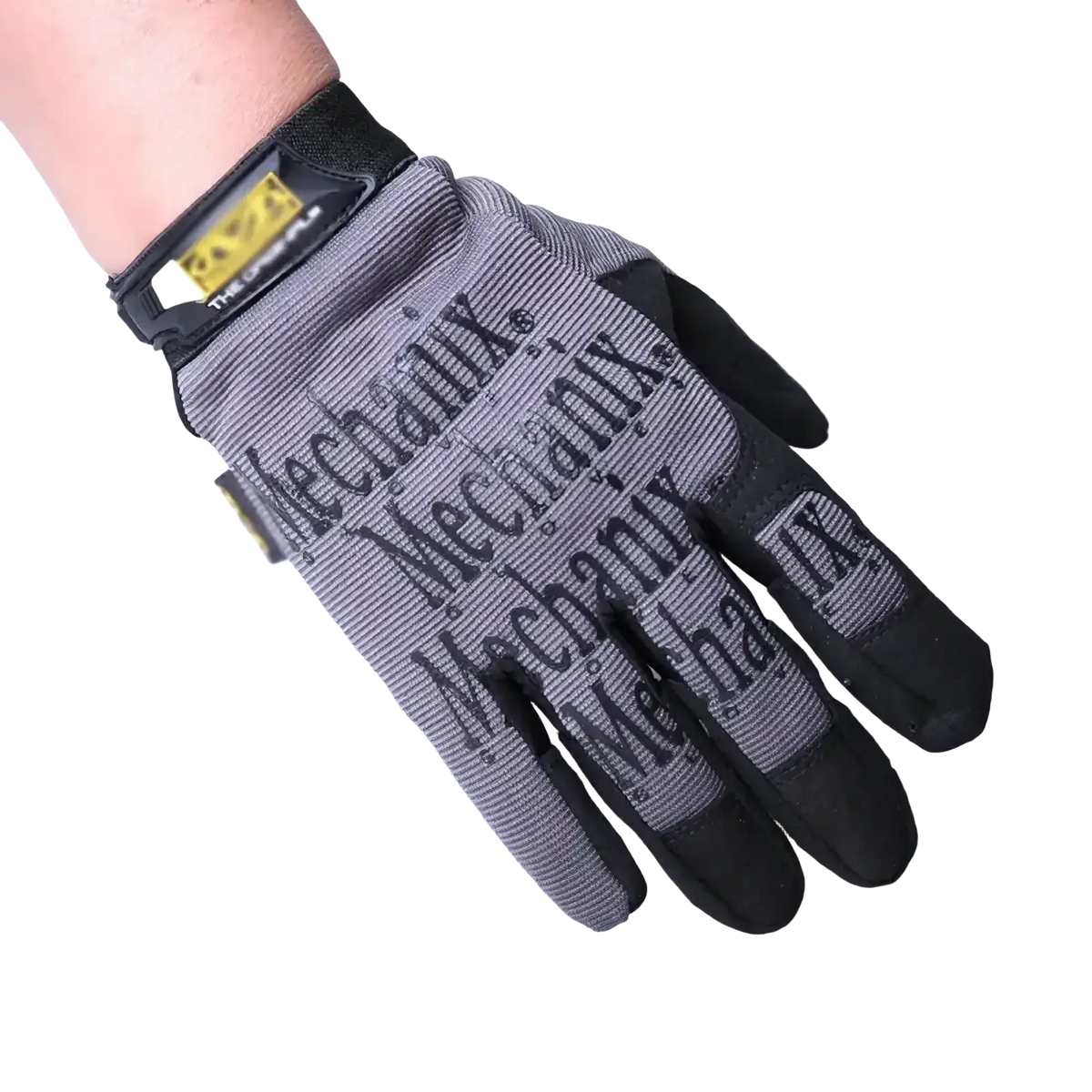 Gray and black mechanix men’s full finger motorcycle gloves showing the textured striped back for finger motorcycle use