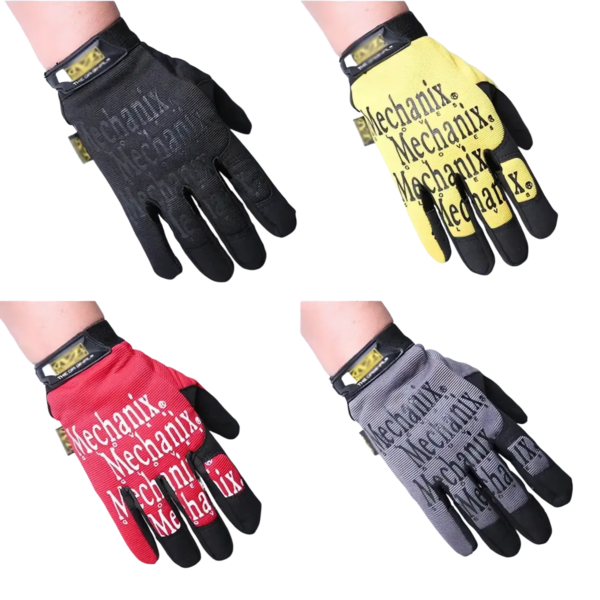Mens full finger motorcycle gloves in black yellow red and gray with bold mechanix branding on the back side