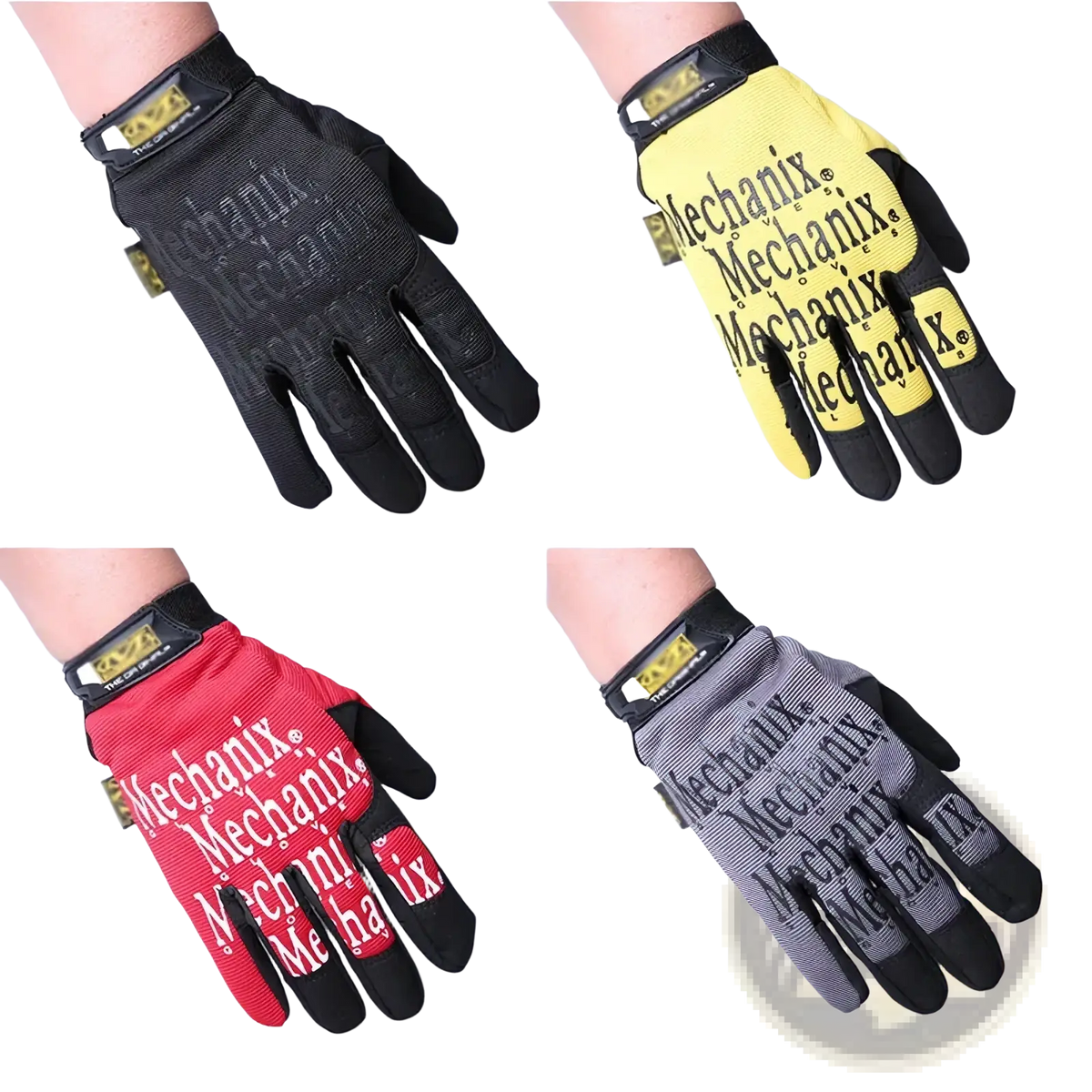 Men’s full finger motorcycle gloves by Mechanix in black yellow red and gray with reinforced fingertips and branded text on back