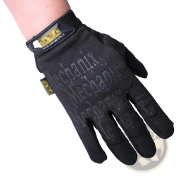 Men’s full finger motorcycle glove in black with reinforced fingers and durable mesh back showing mechanix logo