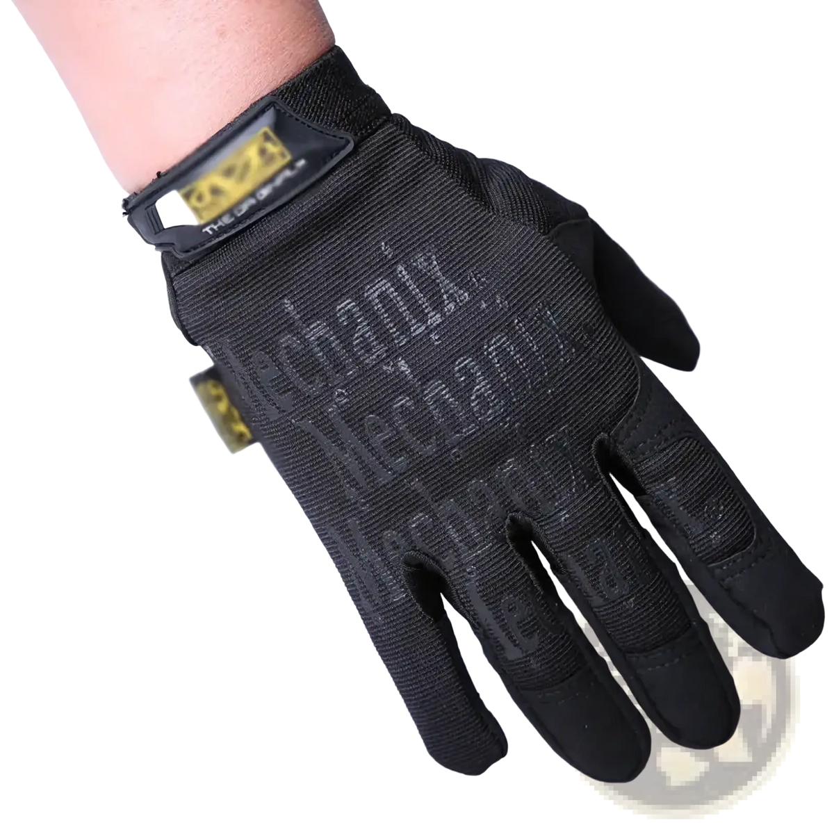 Men’s full finger motorcycle glove in black with reinforced fingers and durable mesh back showing mechanix logo