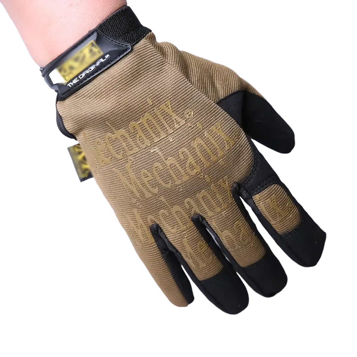 Men’s full finger motorcycle gloves in tan and black with reinforced fingertips and durable mechanix wear fabric