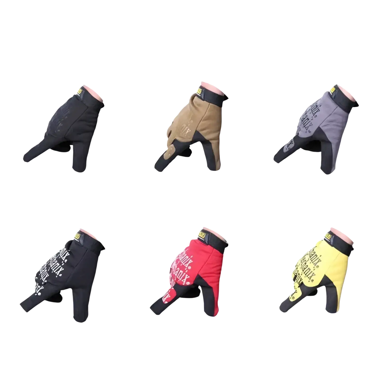 Men’s full finger motorcycle gloves in black tan gray red and yellow with reinforced palms and branded logos