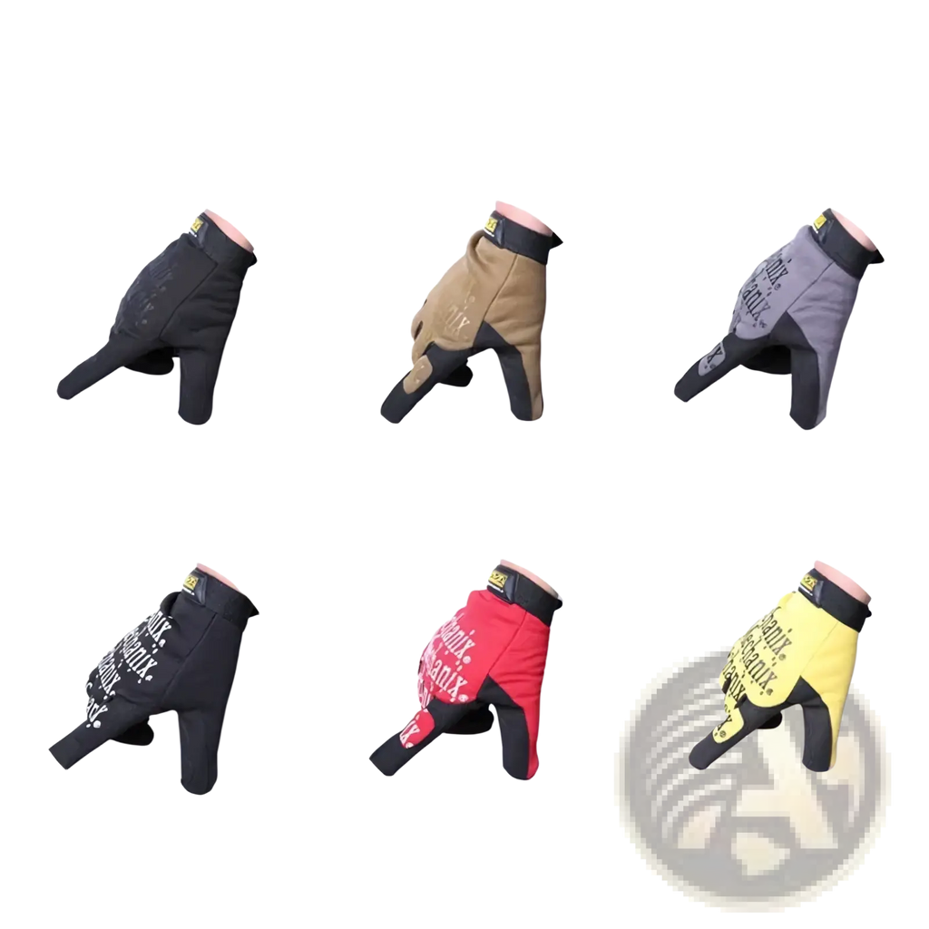 Men’s full finger motorcycle gloves in black, khaki, gray, red, and yellow with reinforced palms and textured grip