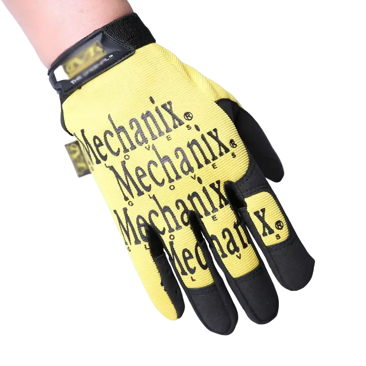 Men’s full finger motorcycle gloves in yellow and black with reinforced fingertips and durable textured fabric design