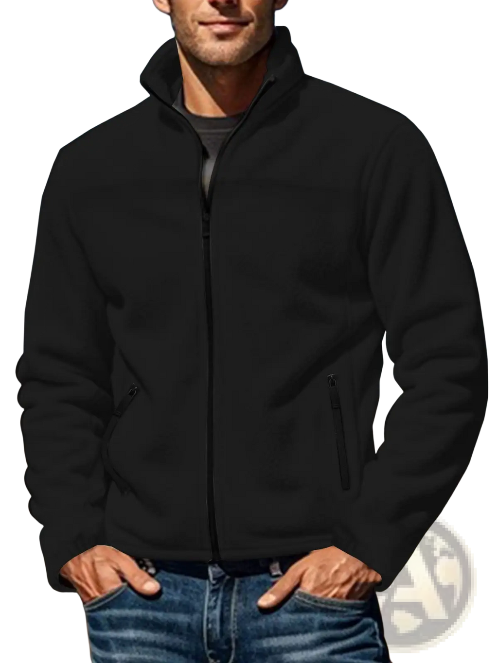 Men’s black full zip polar fleece jacket with high stand collar and two side pockets for outdoor wear