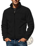 Men’s black full zip polar fleece jacket with high stand collar and two side pockets for outdoor wear