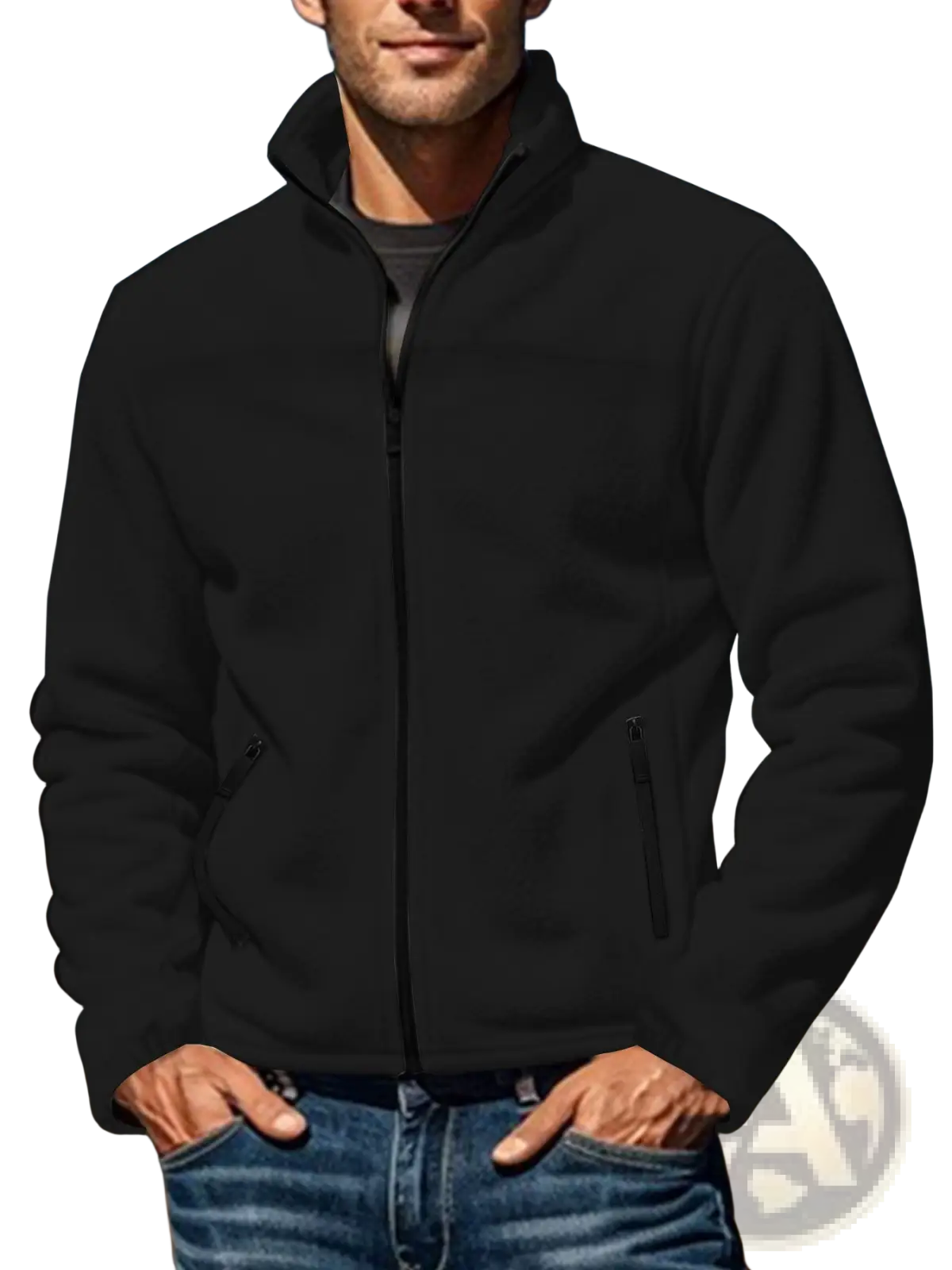 Men’s black full zip polar fleece jacket with high stand collar and two side pockets for outdoor wear
