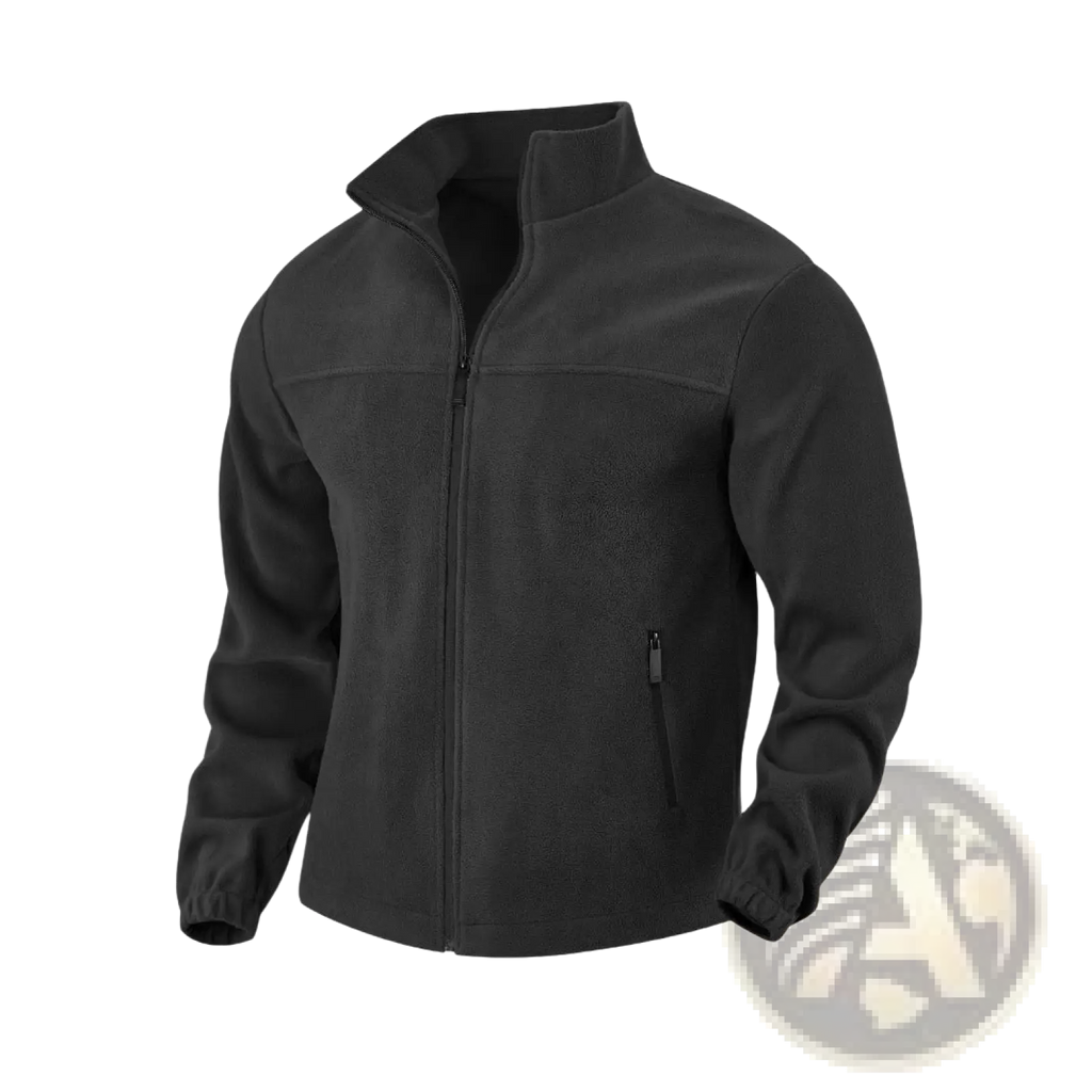 Men’s black full zip polar fleece jacket with stand collar and side pockets ideal for cold weather layering