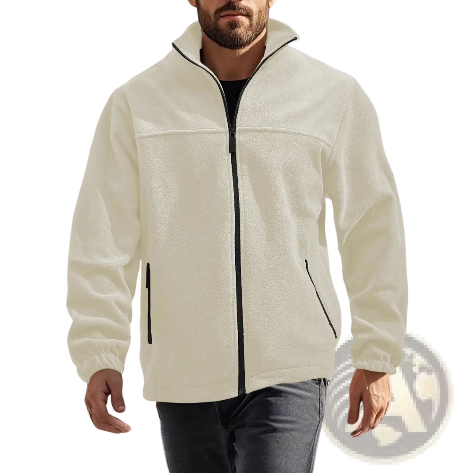 Men’s full zip polar fleece stand collar jacket in cream with black zipper and trim made of soft fleece material