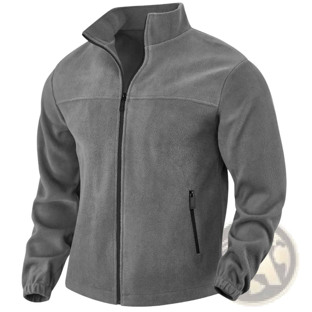 Men’s gray full zip polar fleece jacket with stand collar and side pockets made of soft warm material