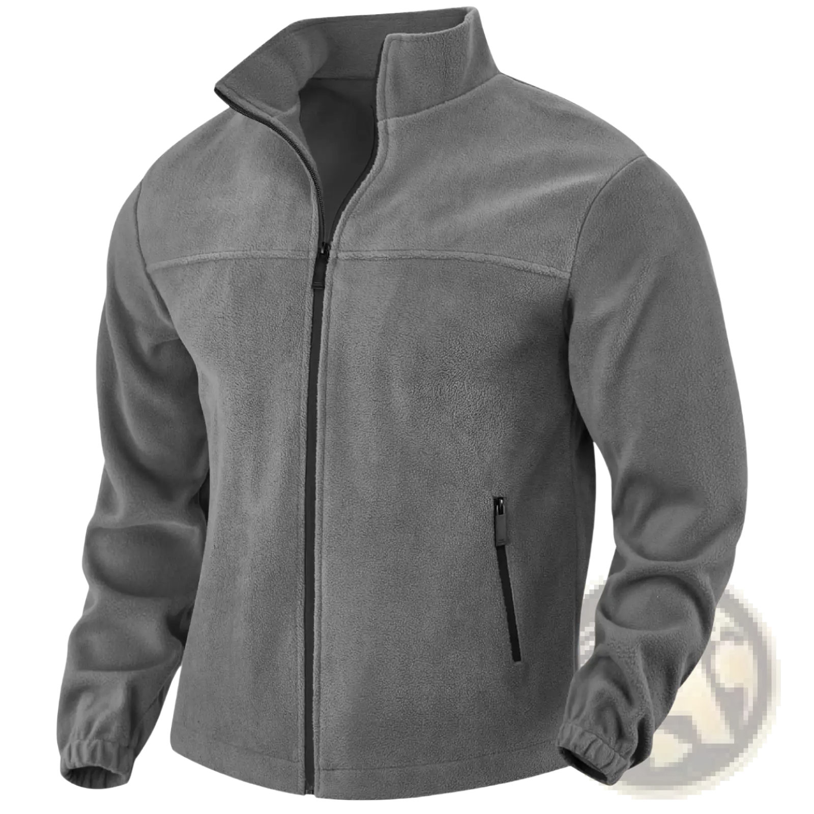 Men’s gray full zip polar fleece jacket with stand collar and side pockets made of soft warm material