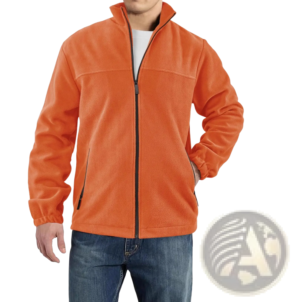 Men’s full zip polar fleece stand collar jacket in orange with black zipper and side pockets, made of warm fleece material