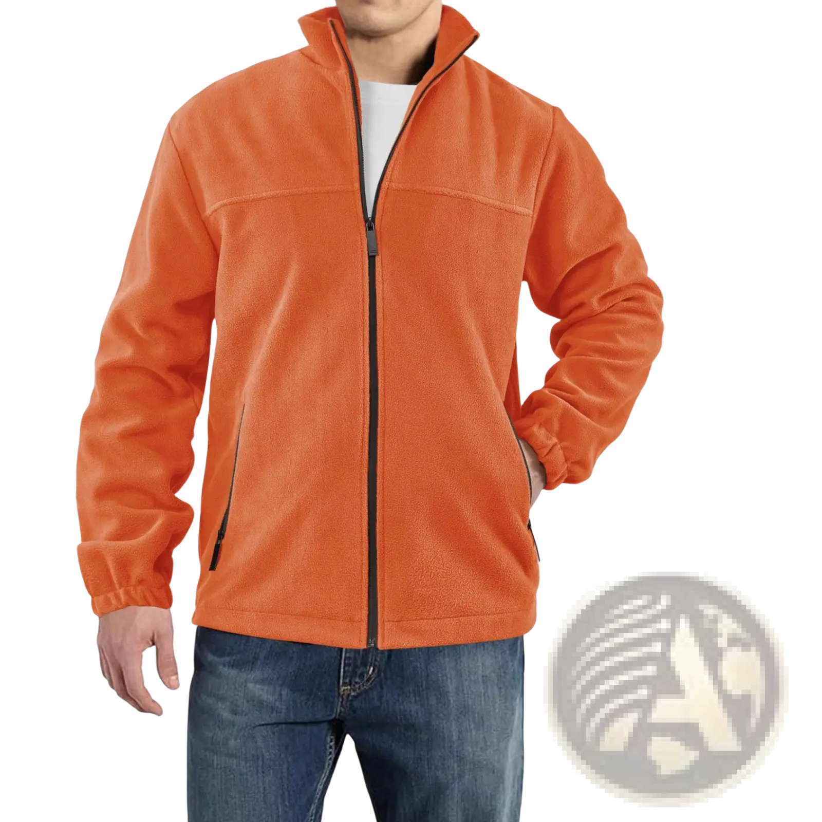 Men’s full zip polar fleece stand collar jacket in orange with black zipper and side pockets, made of warm fleece material