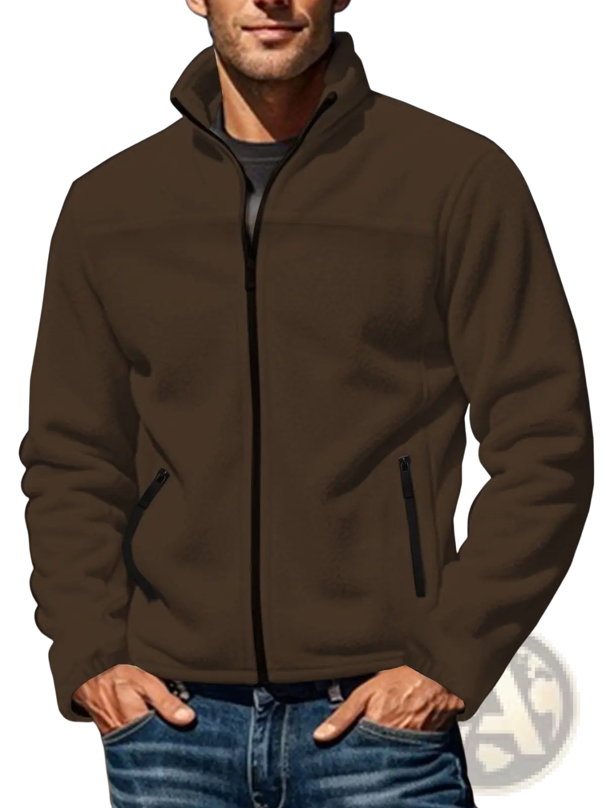 Men’s full zip polar fleece stand collar jacket in brown with black zipper accents made of soft fleece material