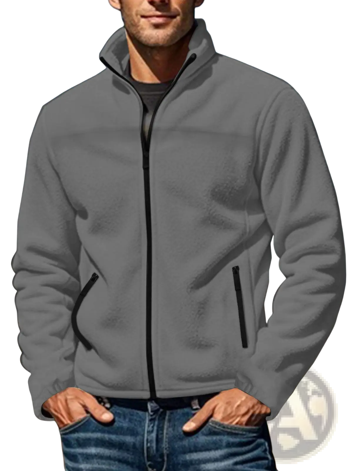 Men’s full zip polar fleece stand collar jacket in gray with black zipper accents for cold weather layering