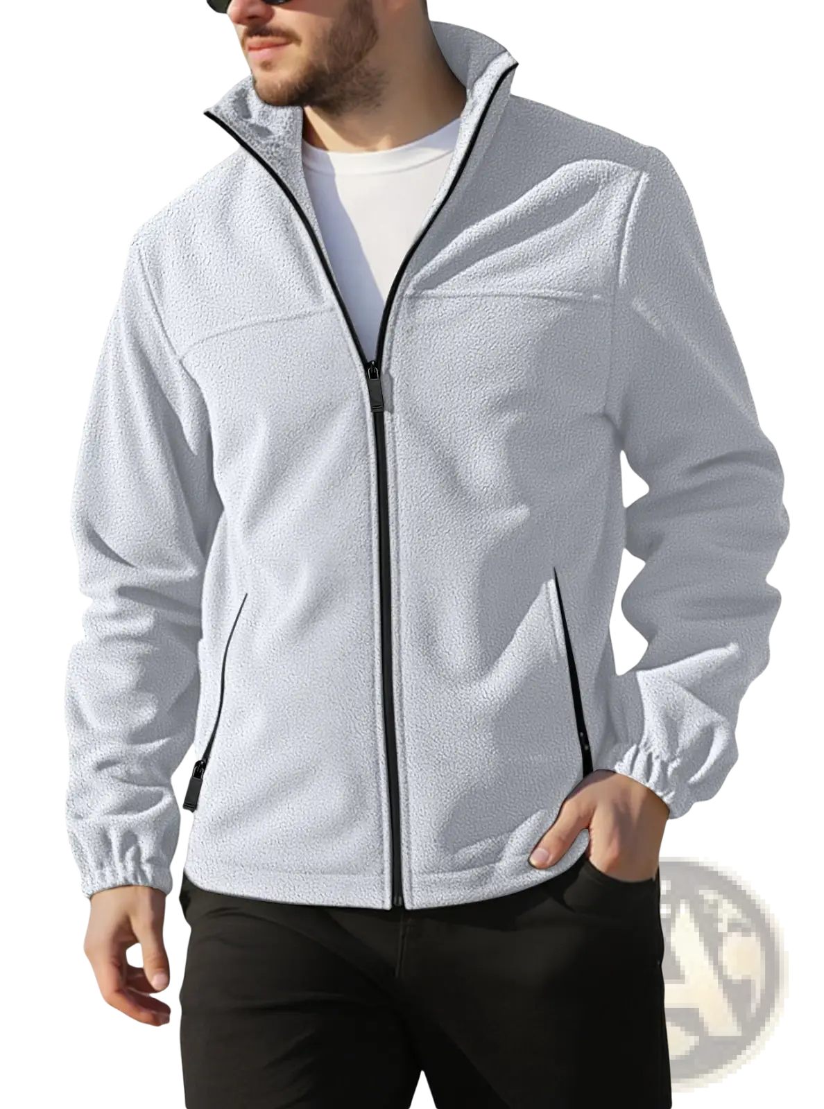 Men’s light gray full zip polar fleece jacket with stand collar black zipper and trim for cold weather use