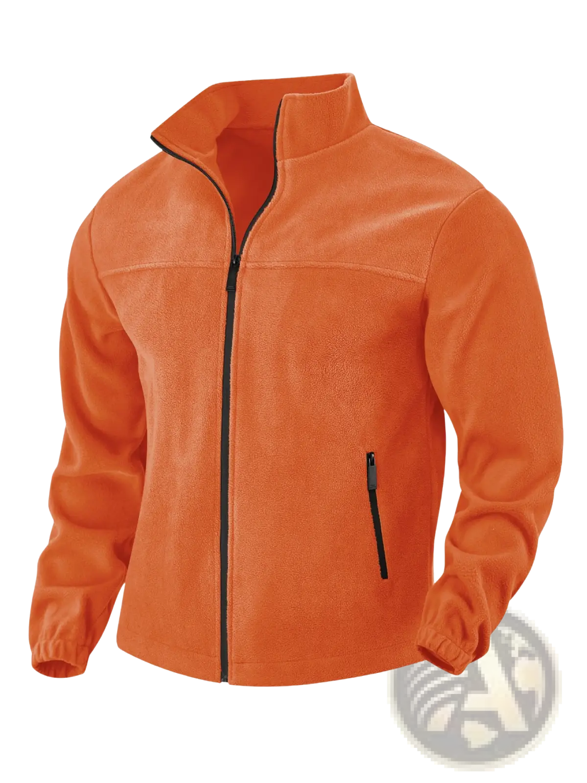 Men’s full zip polar fleece stand collar jacket in orange with black zipper and pocket trim made of soft fleece material