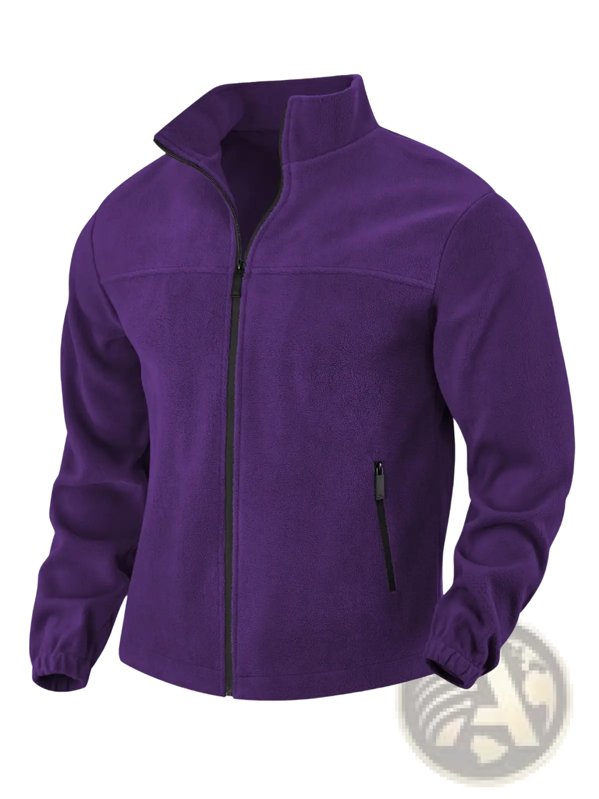 Men’s full zip polar fleece stand collar jacket in purple with black zipper and side pocket for warmth and comfort
