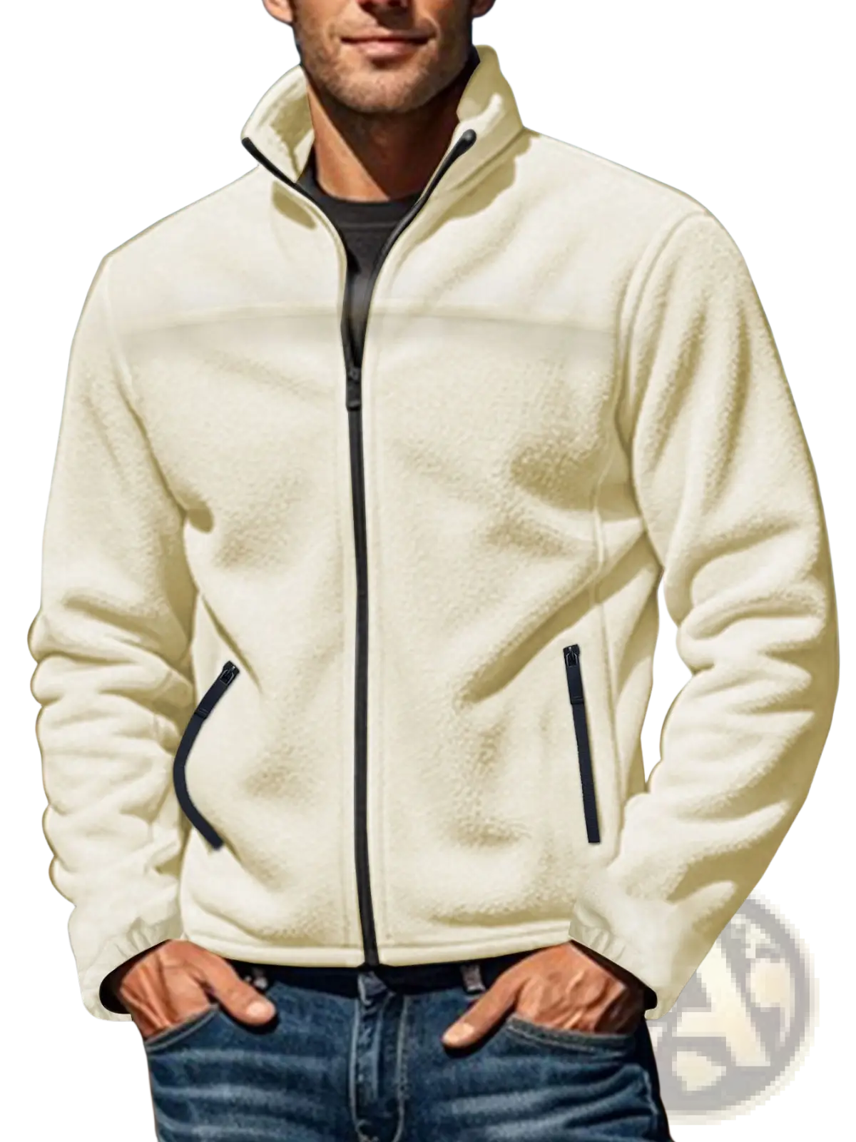 Men’s full zip polar fleece stand collar jacket in cream with black zipper accents and side pockets