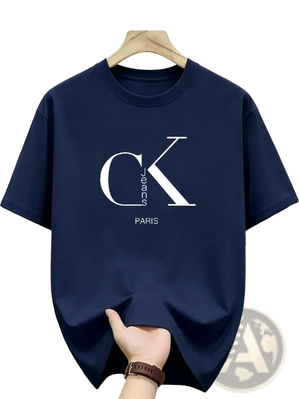Mens navy blue Calvin Klein cotton t-shirt with white CK logo and Paris text casual streetwear tee front view