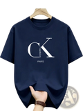 Mens navy blue Calvin Klein cotton t-shirt with white CK logo and Paris text casual streetwear tee front view