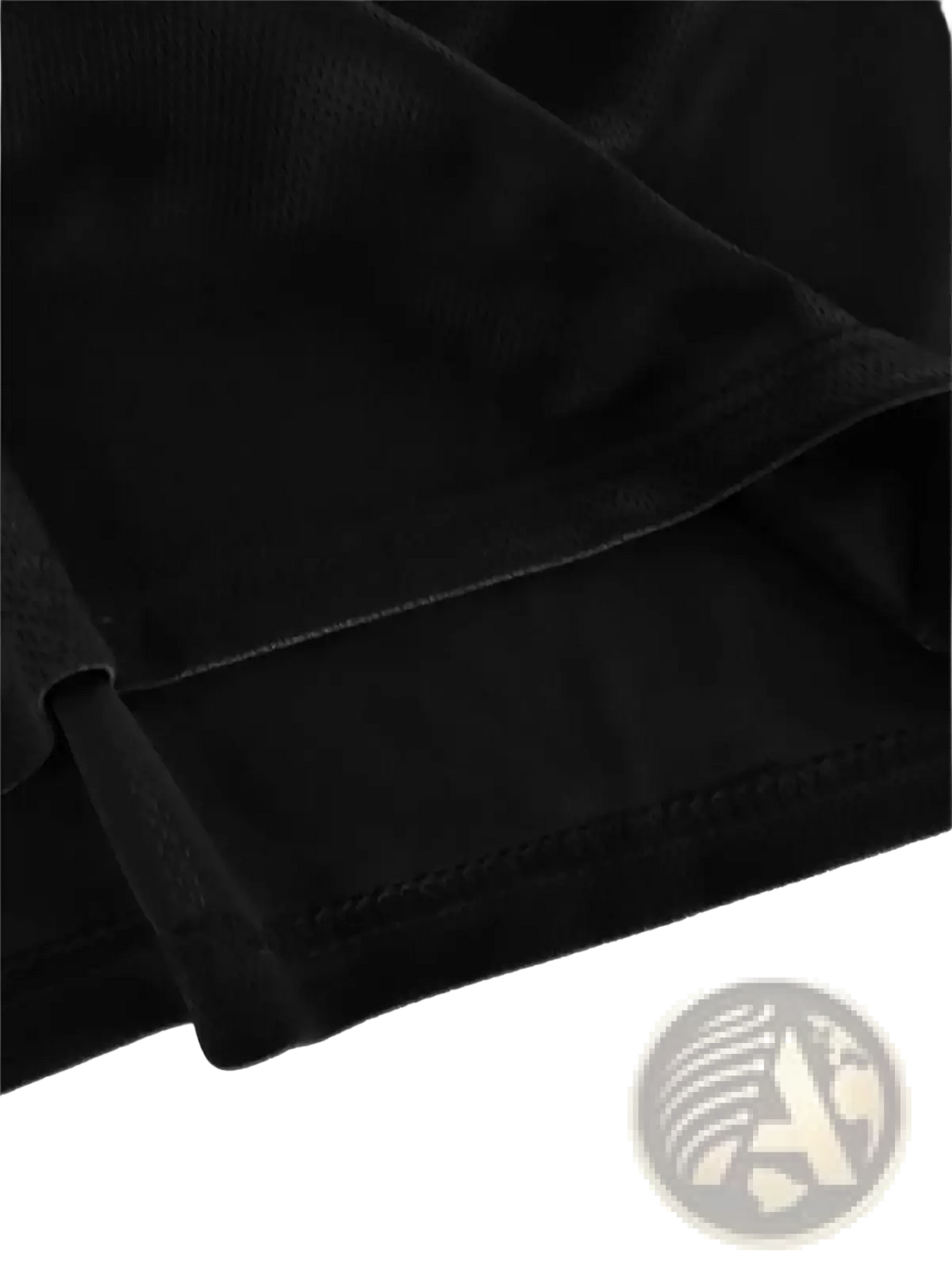 Black cotton fabric with soft texture and stitched seams on mens funny letter printed casual streetwear tee