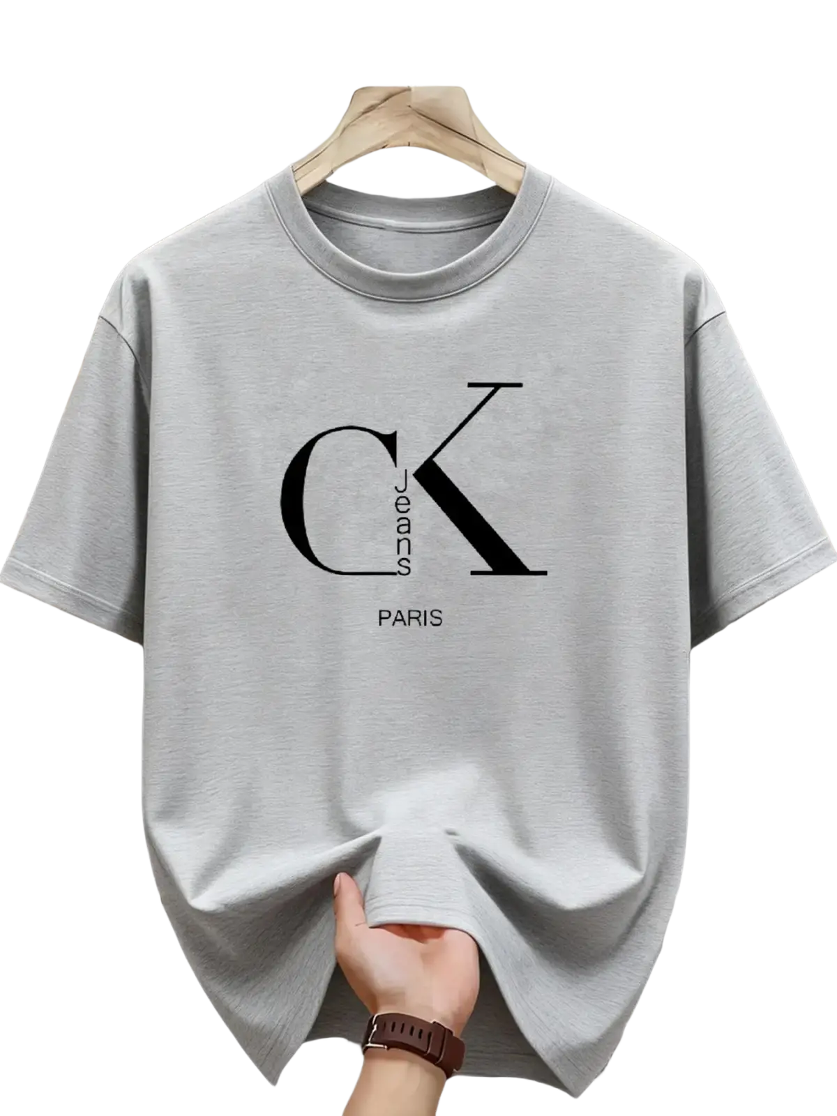 Mens casual streetwear light gray Calvin Klein cotton t-shirt with bold black ck logo and Paris text print on front
